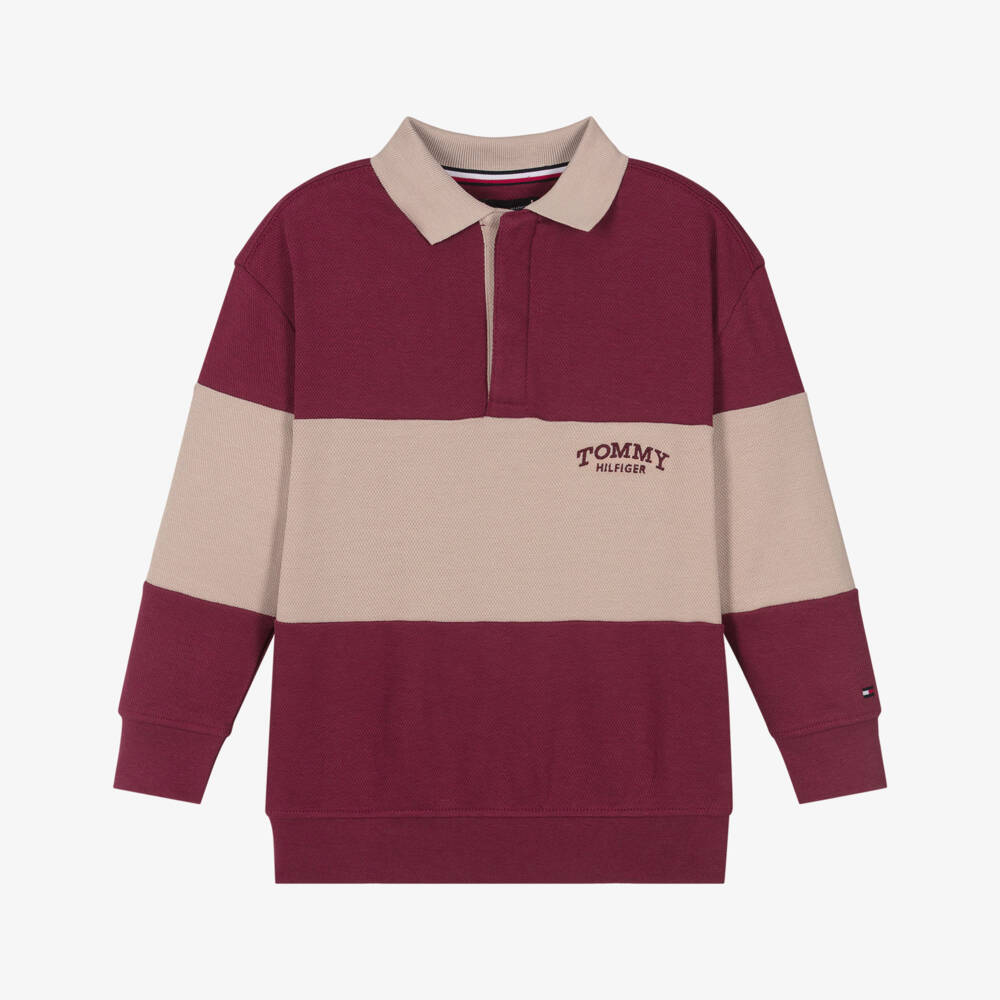Tommy Hilfiger-Boys Burgundy Red & Beige Striped Polo Shirt | Childrensalon