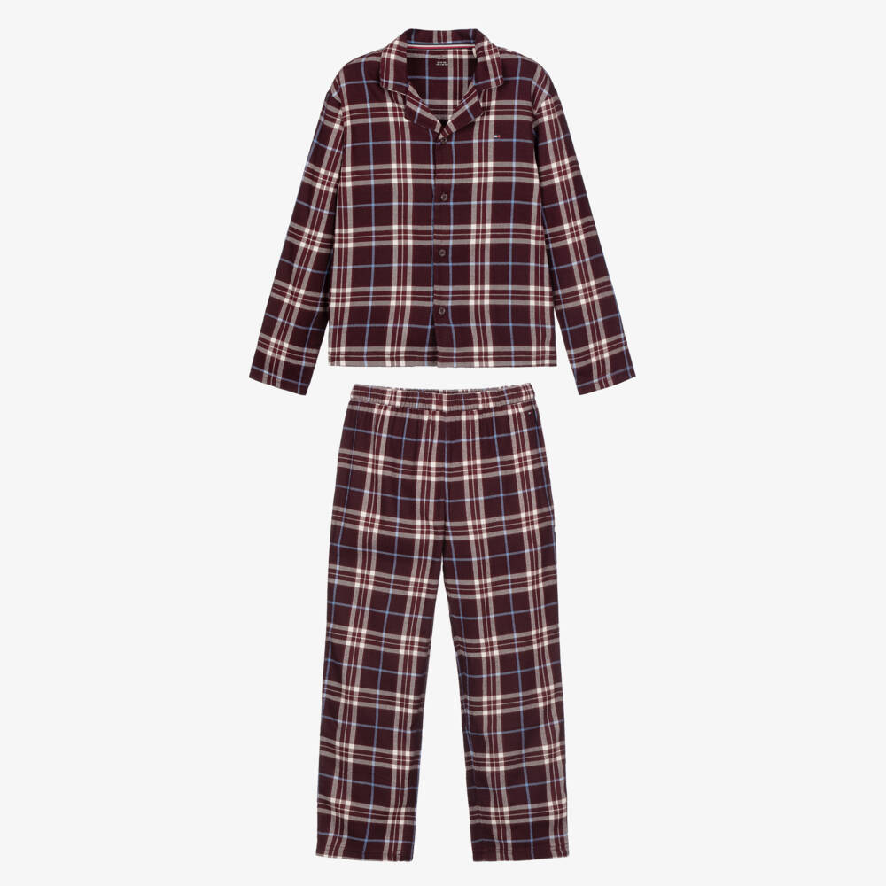 Tommy Hilfiger-Boys Burgundy Red Checked Button Up Pyjamas | Childrensalon