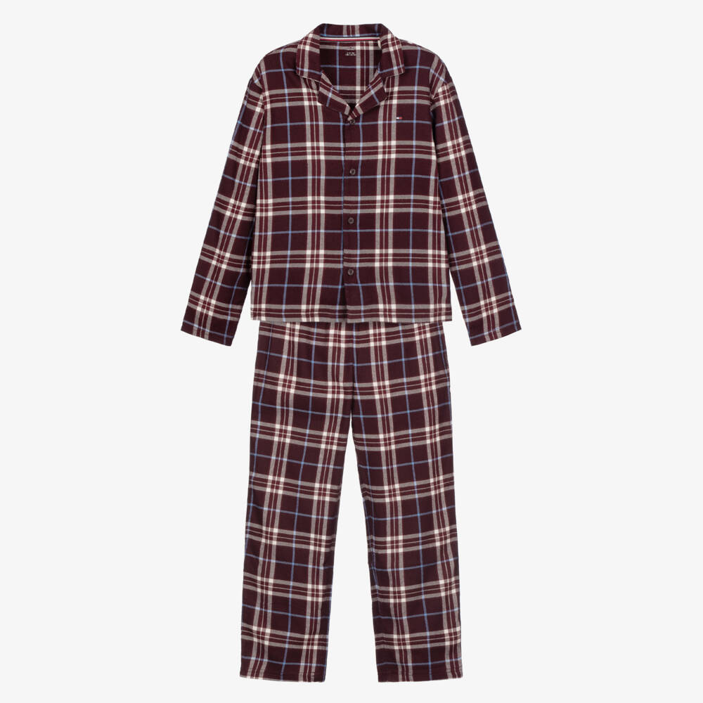 Tommy Hilfiger-Boys Burgundy Red Checked Button Up Pyjamas | Childrensalon