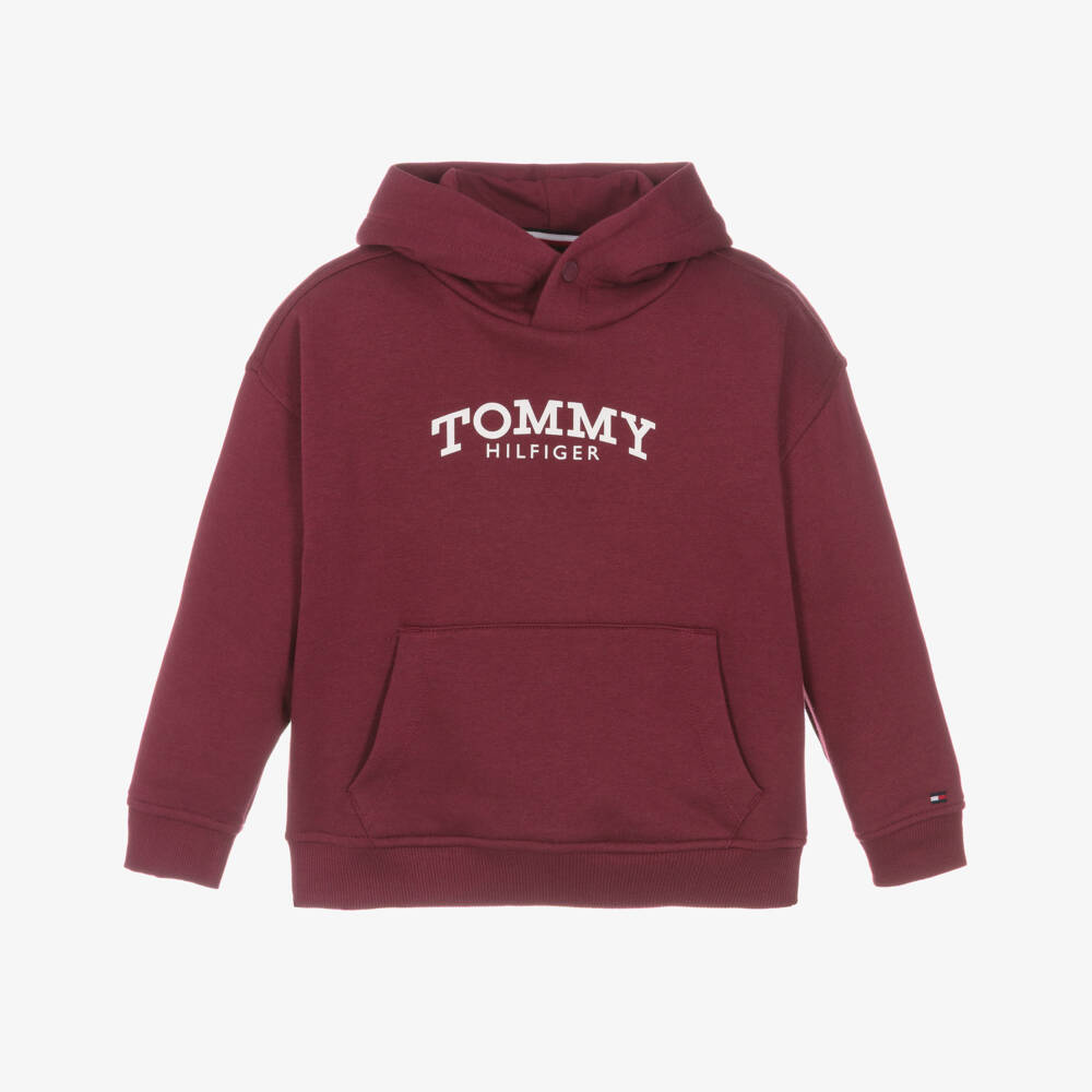 Tommy Hilfiger-Boys Burgundy Red Cotton Hoodie with Arched Logo | Childrensalon