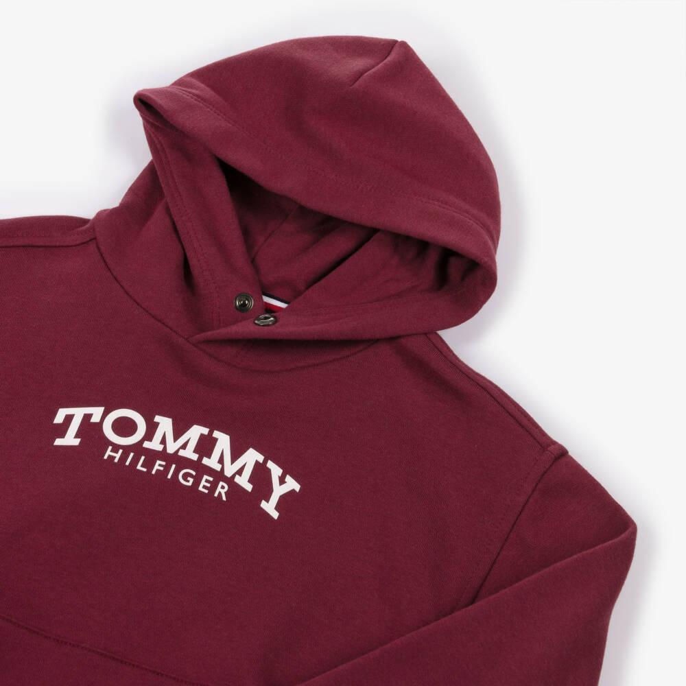 Tommy Hilfiger-Boys Burgundy Red Cotton Hoodie with Arched Logo | Childrensalon