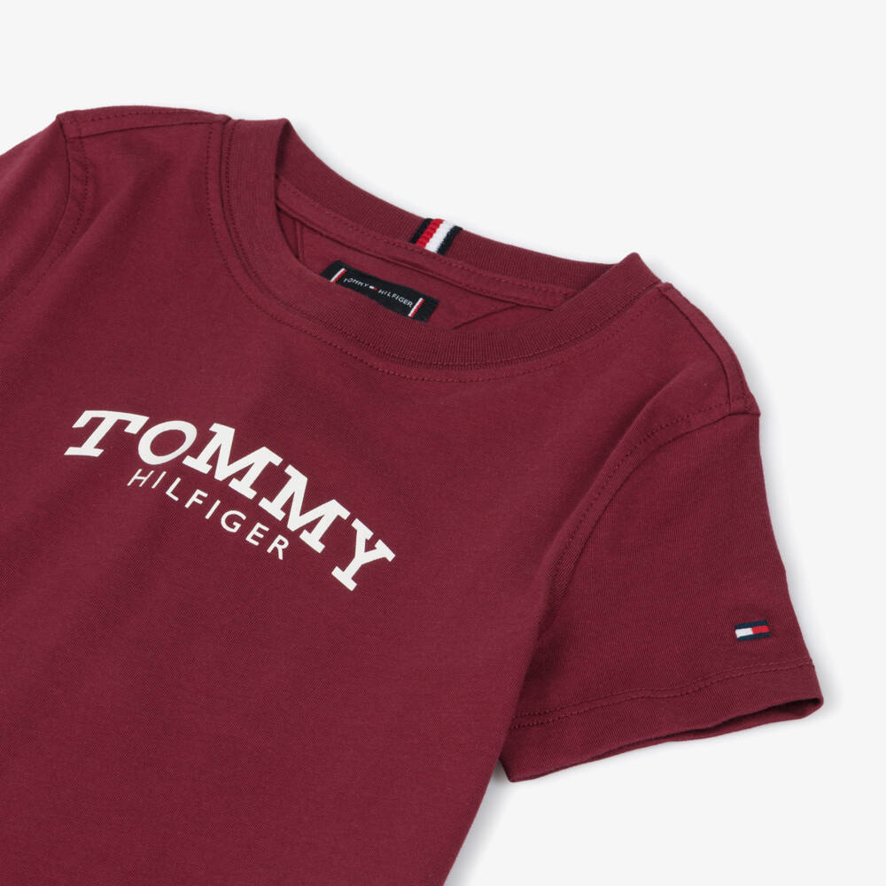 Tommy Hilfiger-Boys Burgundy Red Cotton T-Shirt with Monotype Logo Print | Childrensalon