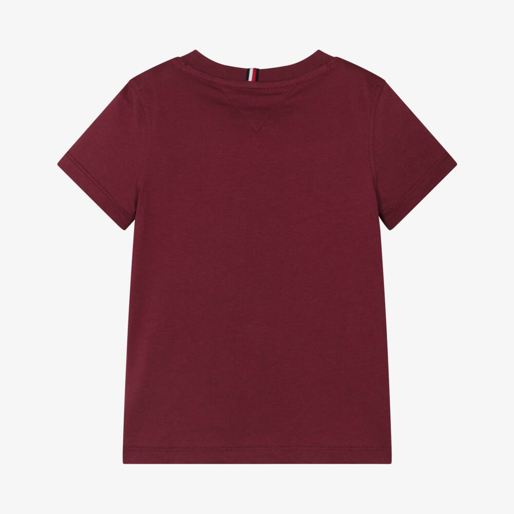 Tommy Hilfiger-Boys Burgundy Red Cotton T-Shirt with Monotype Logo Print | Childrensalon