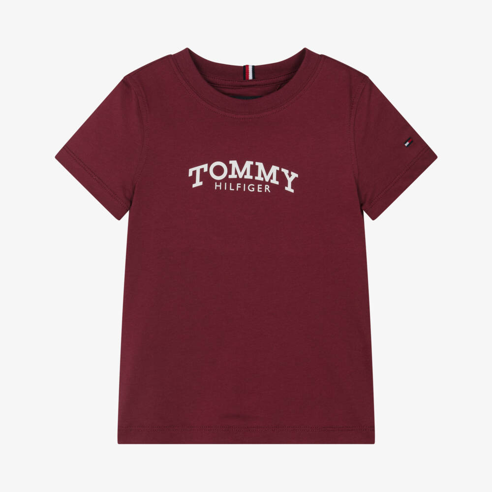 Tommy Hilfiger-Boys Burgundy Red Cotton T-Shirt with Monotype Logo Print | Childrensalon