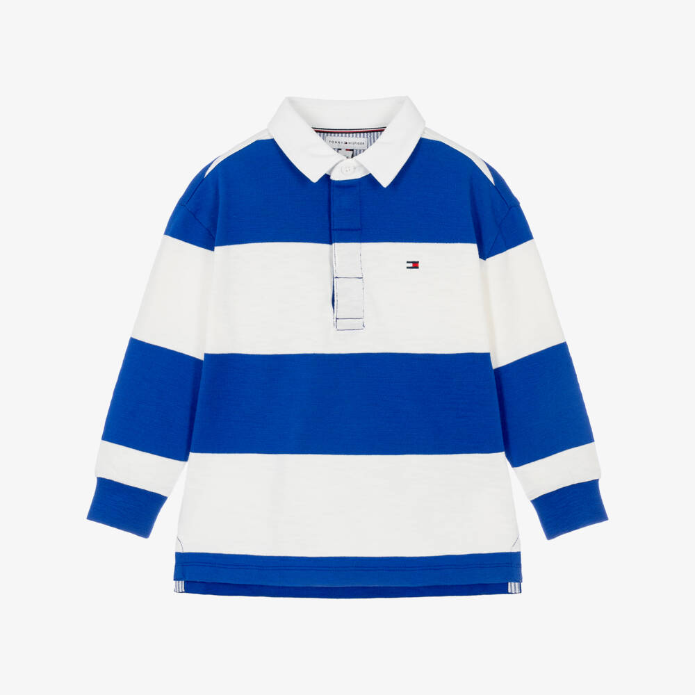 Tommy Hilfiger-Boys Cobalt Blue & White Stripe Cotton Rugby Shirt | Childrensalon