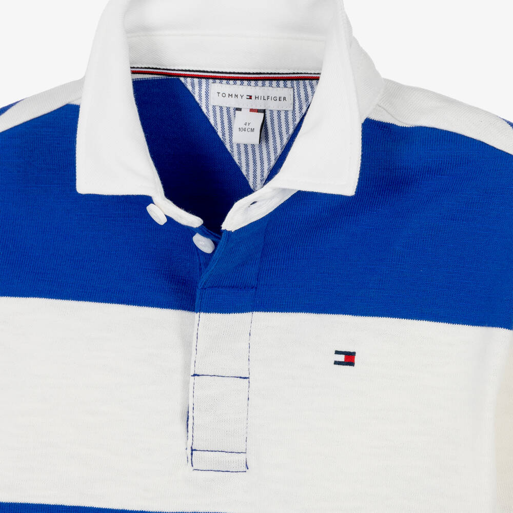 Tommy Hilfiger-Boys Cobalt Blue & White Stripe Cotton Rugby Shirt | Childrensalon