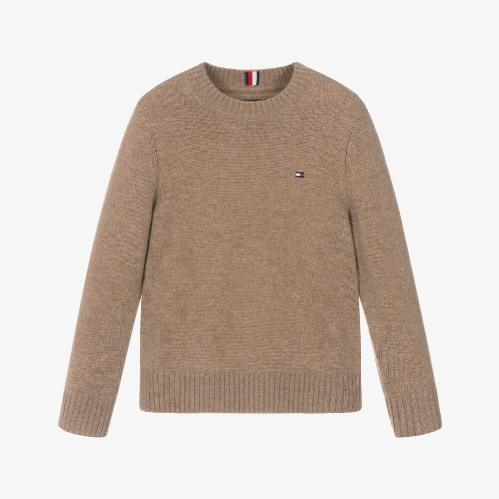 Tommy Hilfiger-Boys Dark Beige Wool Knit Sweater | Childrensalon