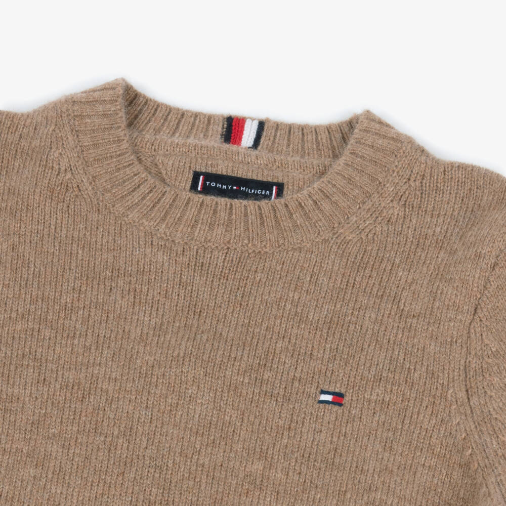 Tommy Hilfiger-Boys Dark Beige Wool Knit Sweater | Childrensalon