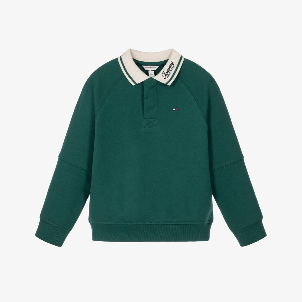 Tommy Hilfiger-Boys Green Contrast Collar Rugby Sweatshirt | Childrensalon