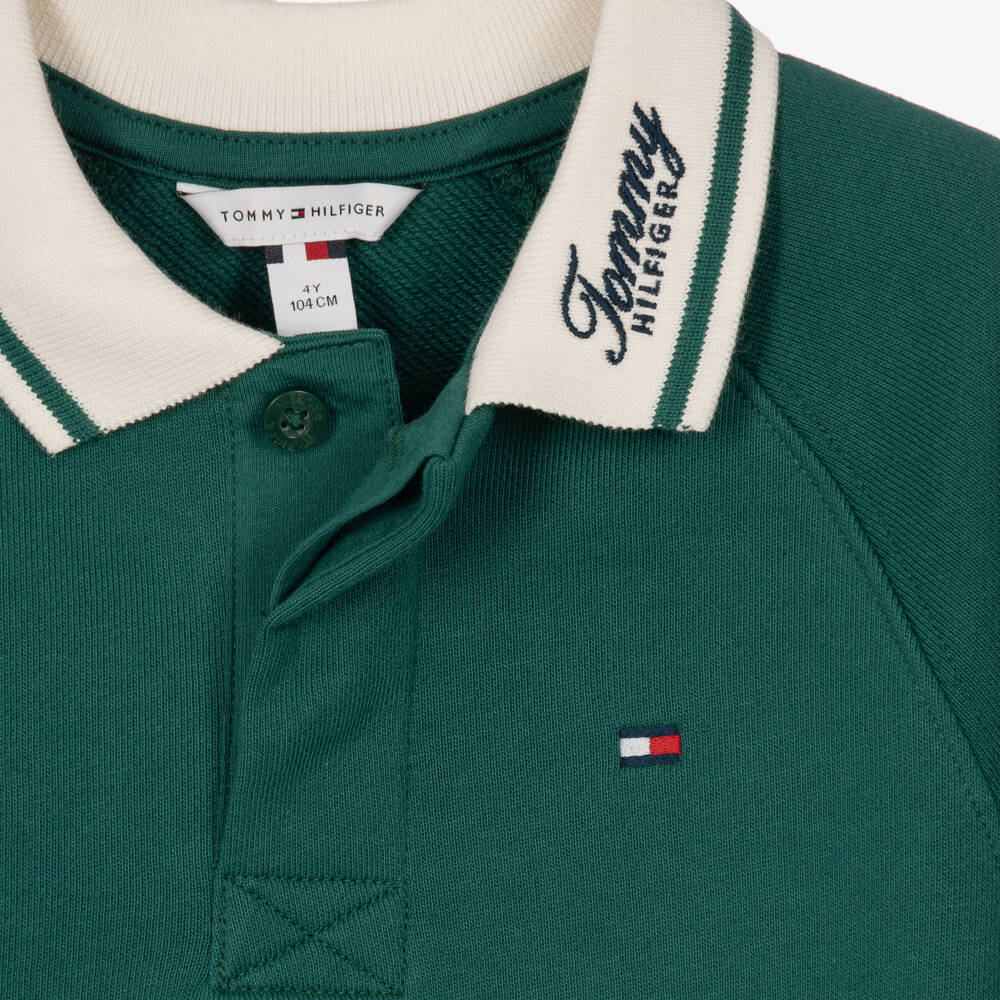Tommy Hilfiger-Boys Green Contrast Collar Rugby Sweatshirt | Childrensalon