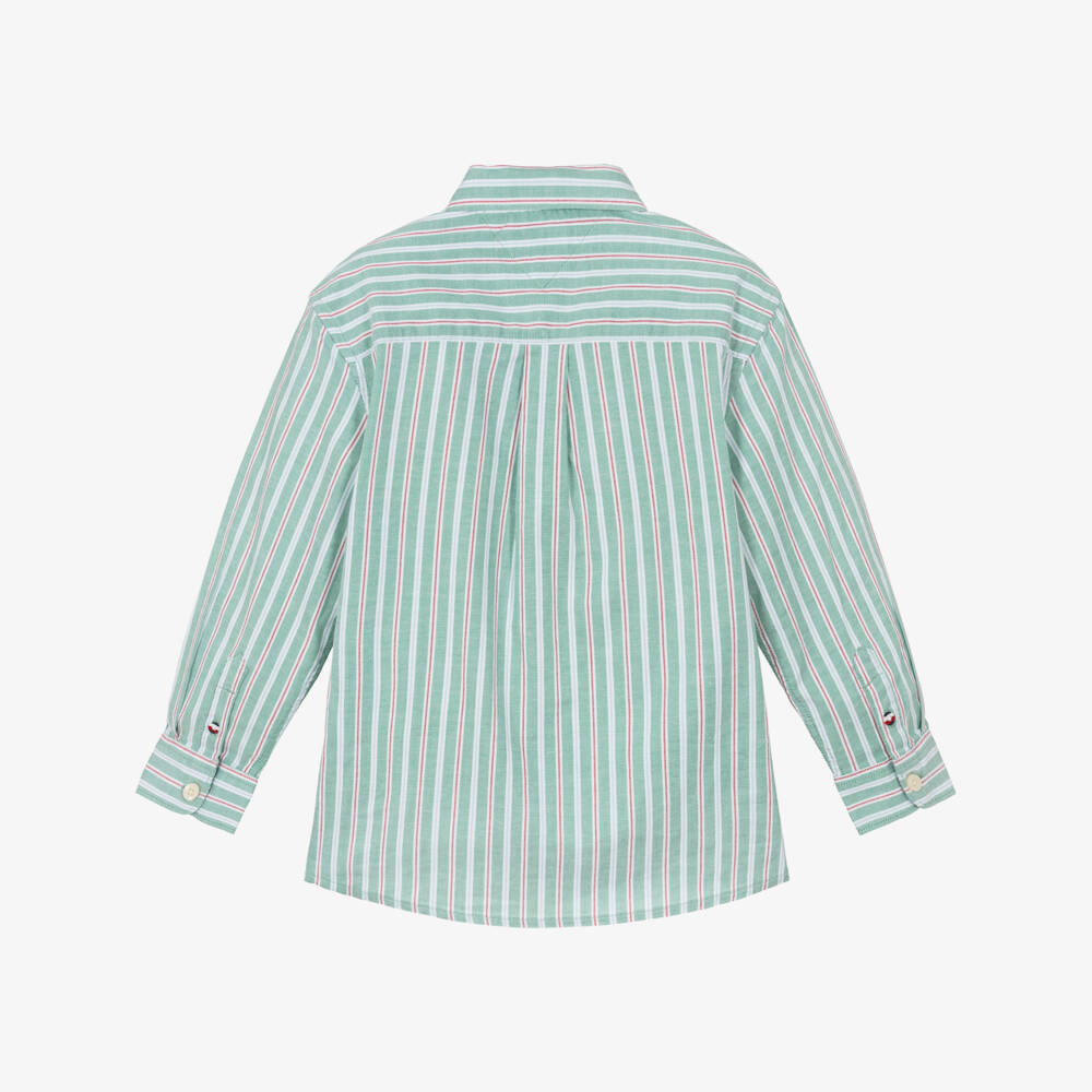 Tommy Hilfiger-Boys Green Cotton Striped Shirt with Flag Logo | Childrensalon