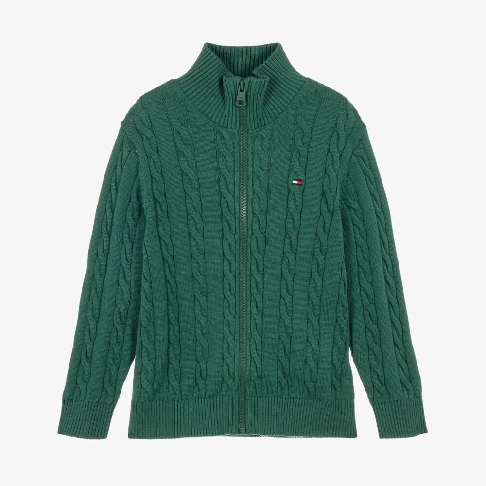 Tommy Hilfiger-Boys Green Full Zip-Up Top in a Cable Knit | Childrensalon