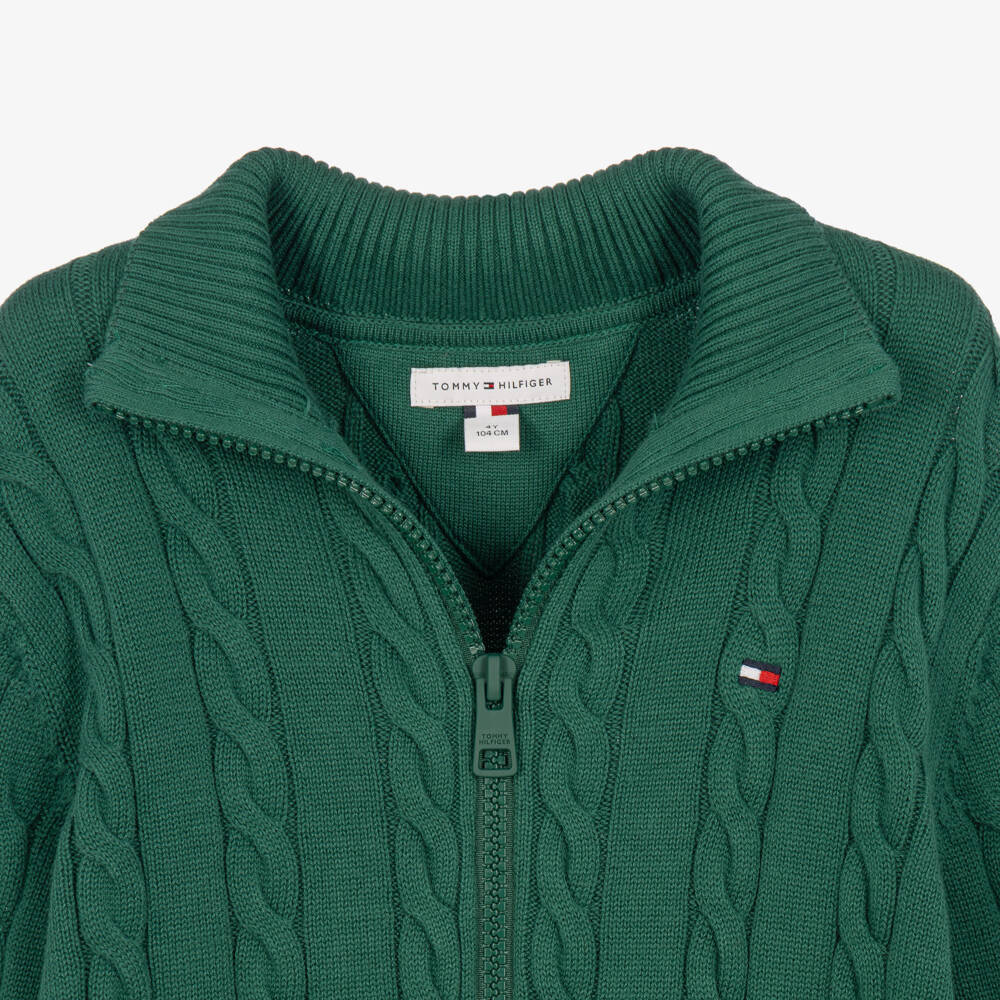 Tommy Hilfiger-Boys Green Full Zip-Up Top in a Cable Knit | Childrensalon
