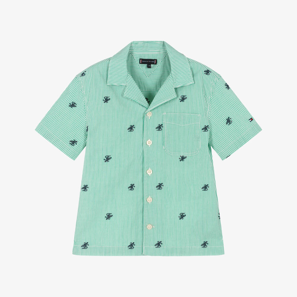 Tommy Hilfiger-Boys Green Ithaca Stripe Poplin Shirt | Childrensalon