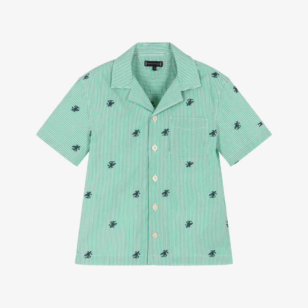 Tommy Hilfiger-Boys Green Ithaca Stripe Poplin Shirt | Childrensalon