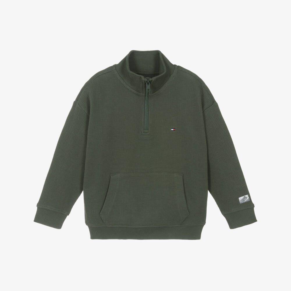 Tommy Hilfiger-Boys Green Waffle-Knit Cotton Sweatshirt with Quarter Zip | Childrensalon
