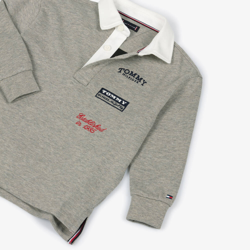 Tommy Hilfiger-Boys Grey Cotton Polo Shirt with Multiple Logos | Childrensalon
