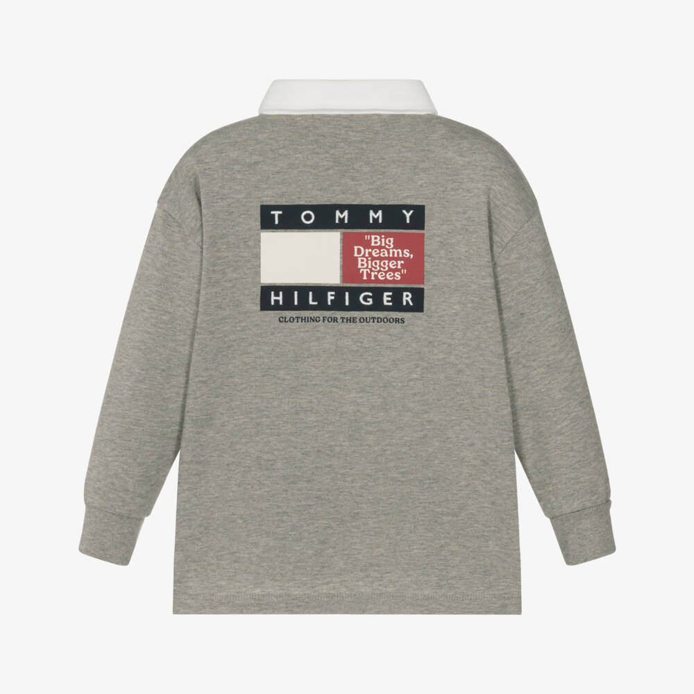 Tommy Hilfiger-Boys Grey Cotton Polo Shirt with Multiple Logos | Childrensalon