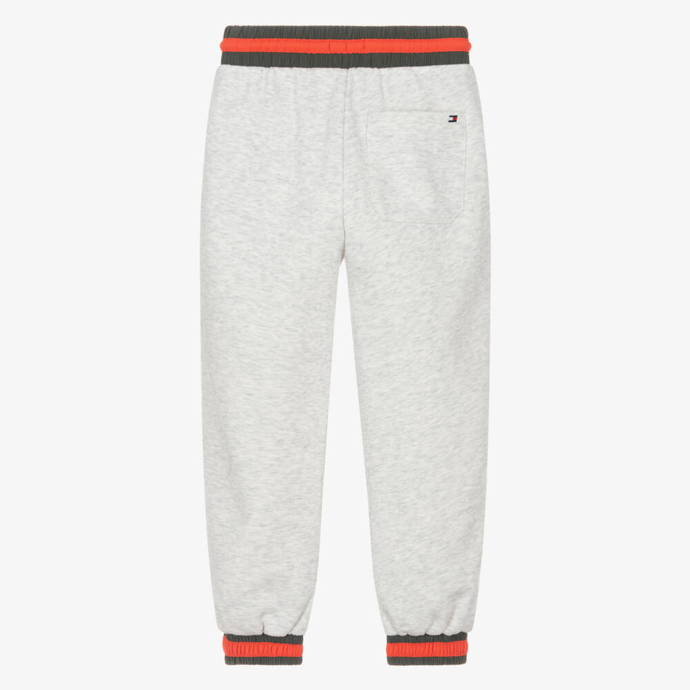 Tommy Hilfiger-Boys Grey Marl Cotton Jersey Joggers with Striped Trims | Childrensalon