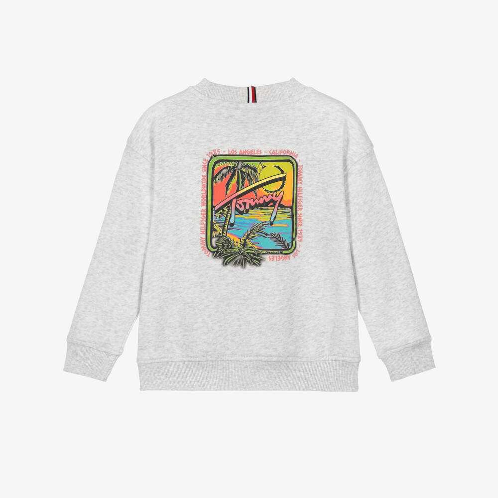 Tommy Hilfiger-Boys Grey Marl Sweatshirt with Tropical Logo Graphic | Childrensalon