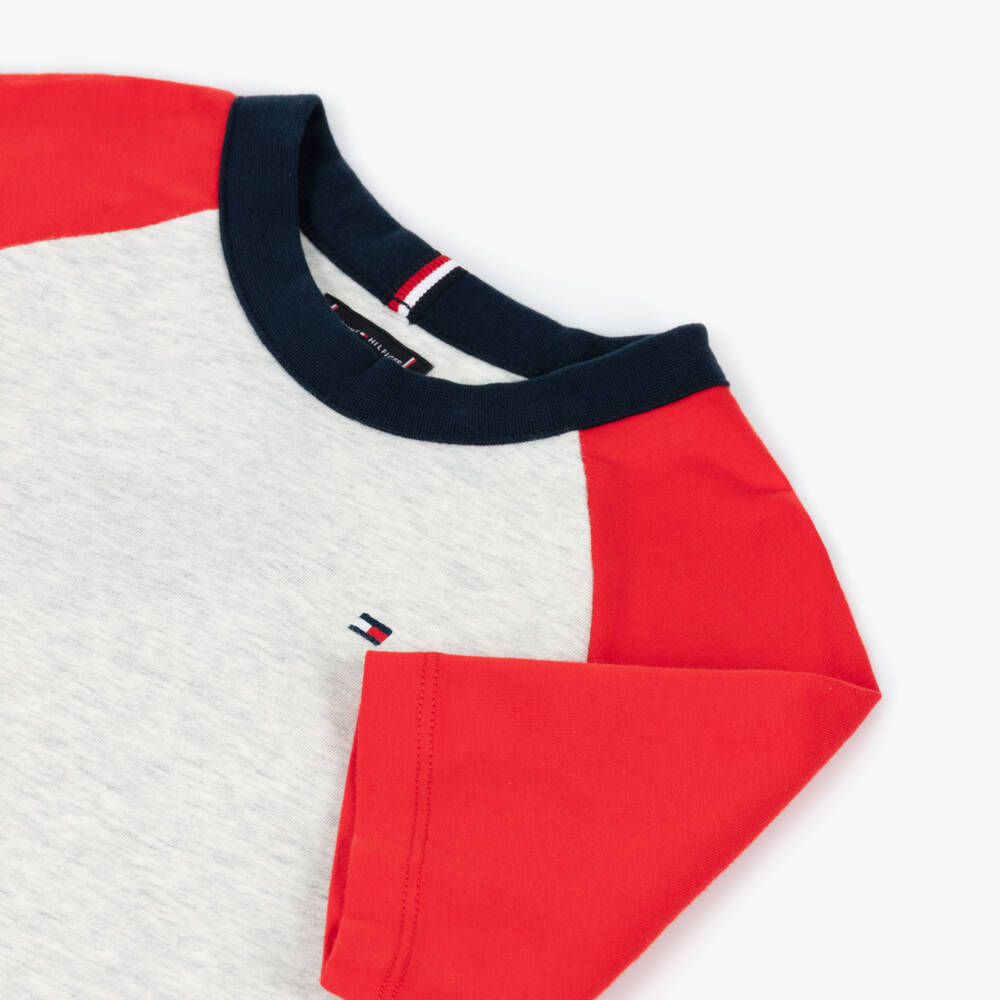 Tommy Hilfiger-Boys Grey Marl T-Shirt with Red Sleeves | Childrensalon