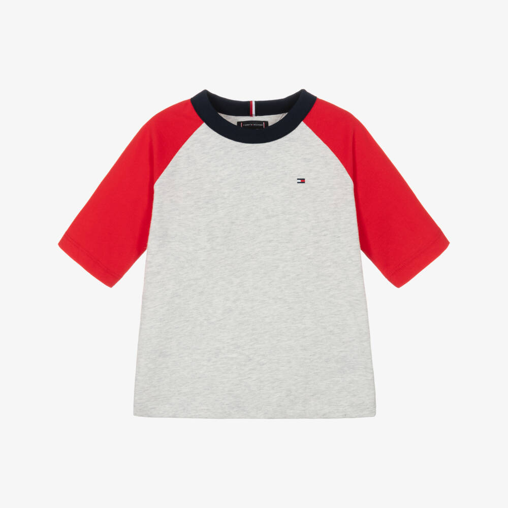 Tommy Hilfiger-Boys Grey Marl T-Shirt with Red Sleeves | Childrensalon