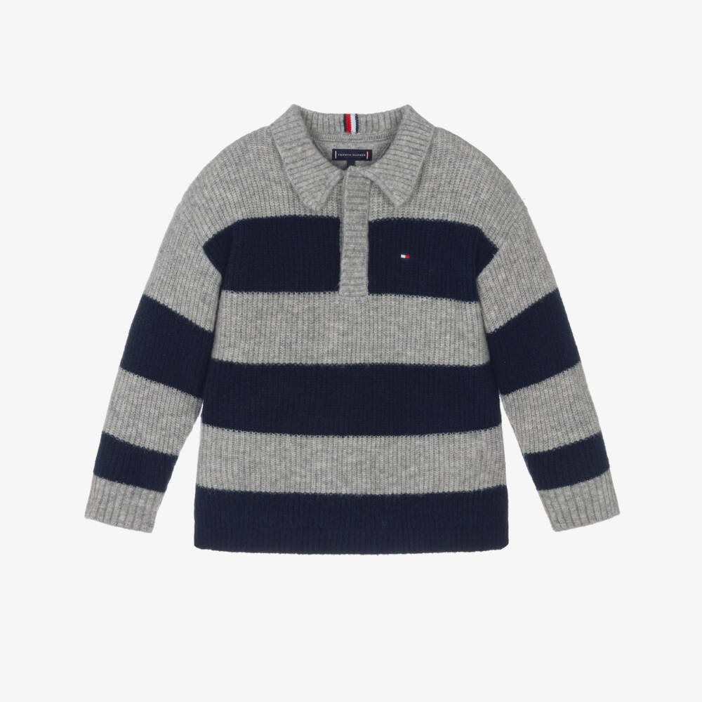 Tommy Hilfiger-Boys Grey & Navy Blue Striped Rugby Sweater | Childrensalon