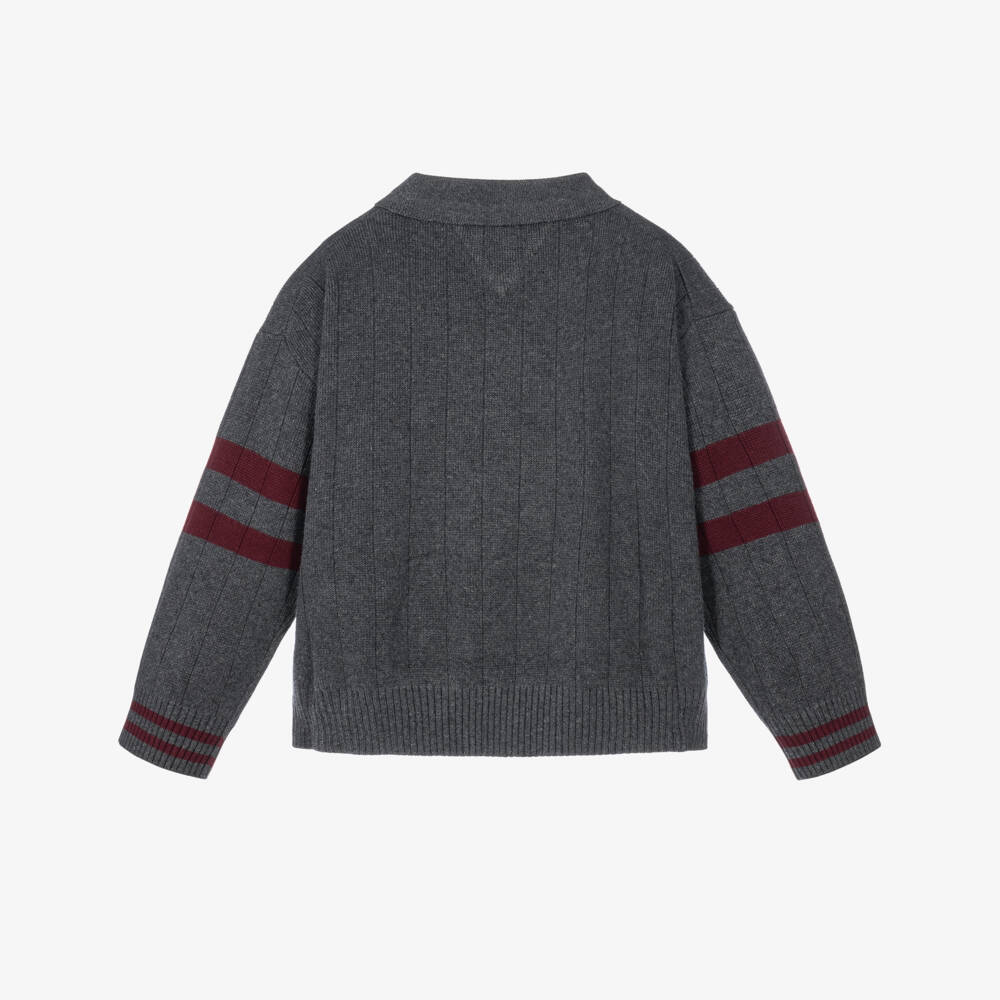 Tommy Hilfiger-Boys Grey Textured Knit Polo Sweater with Flag Embroidery | Childrensalon