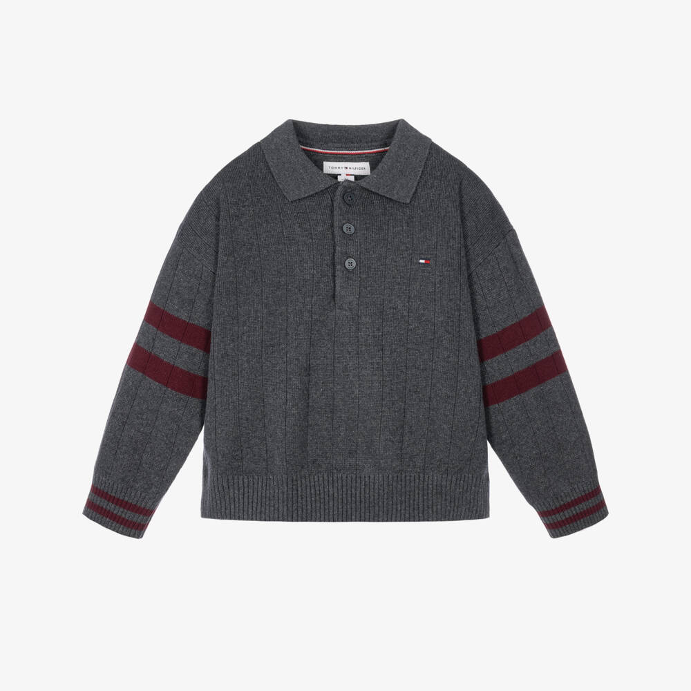 Tommy Hilfiger-Boys Grey Textured Knit Polo Sweater with Flag Embroidery | Childrensalon