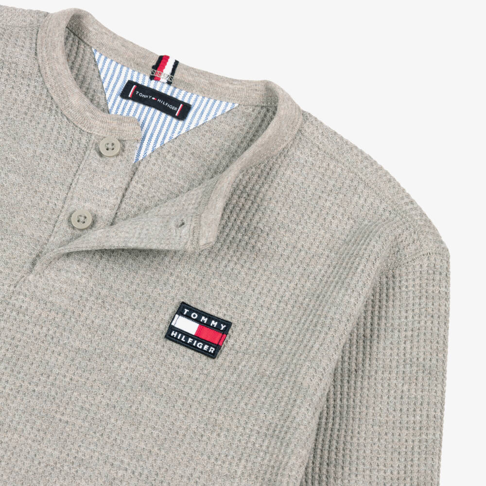 Tommy Hilfiger-Boys Grey Waffle Knit Cotton Jersey Top with Flag Logo | Childrensalon
