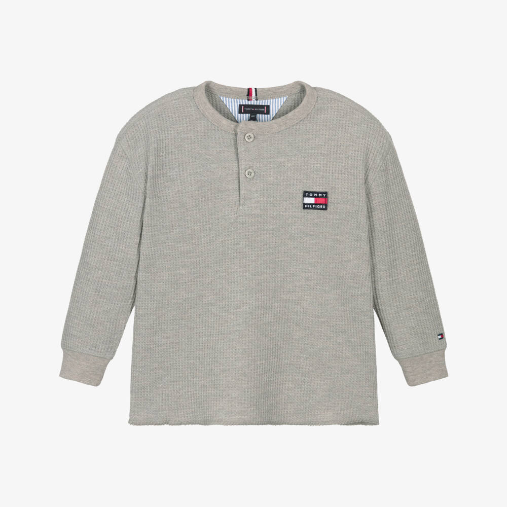 Tommy Hilfiger-Boys Grey Waffle Knit Cotton Jersey Top with Flag Logo | Childrensalon
