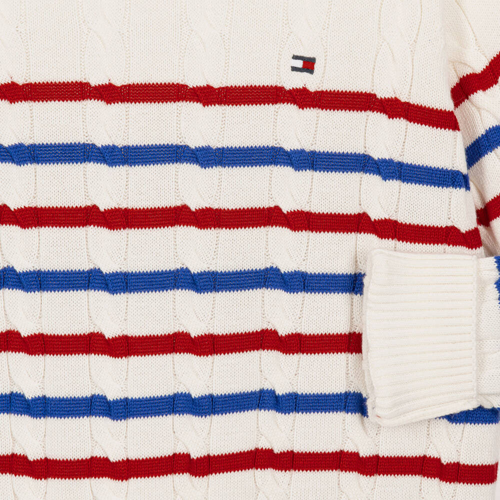 Tommy Hilfiger-Boys Ivory Cable Knit Sweater with Stripes | Childrensalon