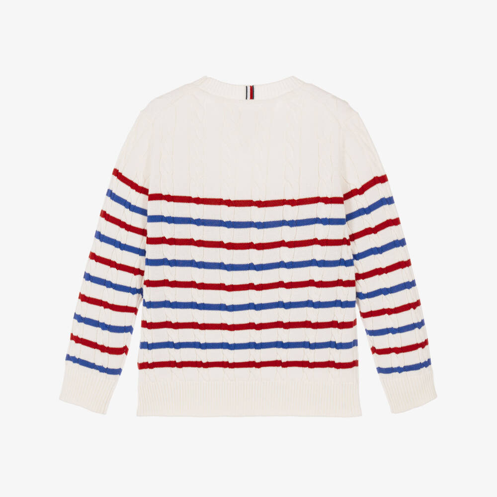 Tommy Hilfiger-Boys Ivory Cable Knit Sweater with Stripes | Childrensalon