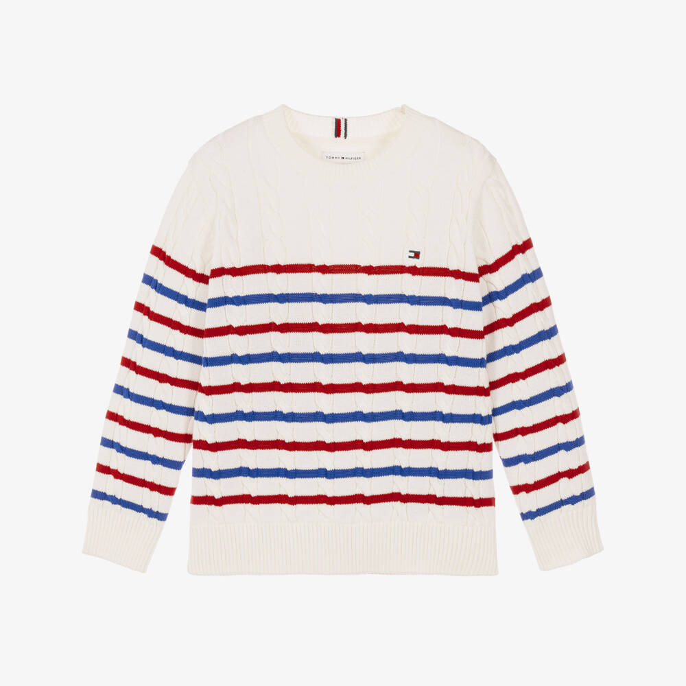 Tommy Hilfiger-Boys Ivory Cable Knit Sweater with Stripes | Childrensalon
