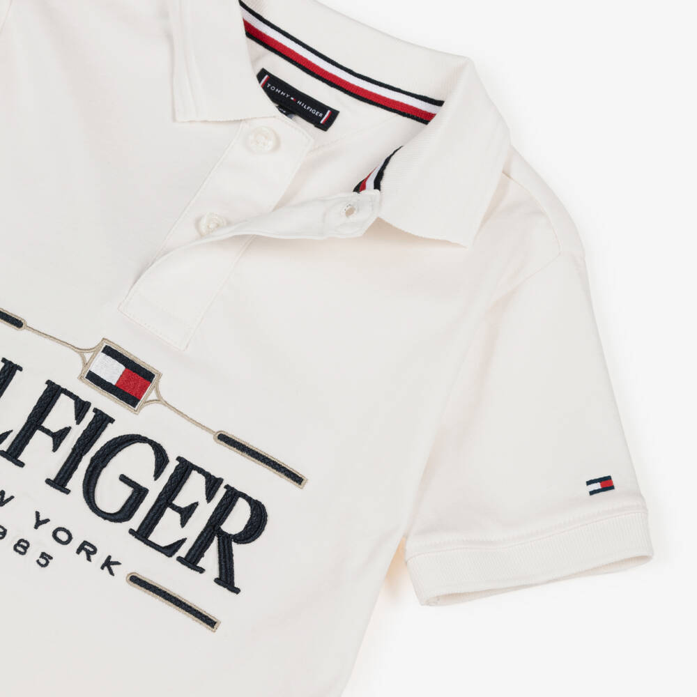 Tommy Hilfiger-Boys Ivory Cotton Jersey Embroidered Logo Polo Shirt | Childrensalon
