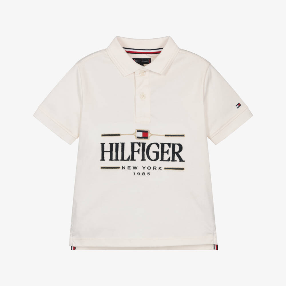 Tommy Hilfiger-Boys Ivory Cotton Jersey Embroidered Logo Polo Shirt | Childrensalon