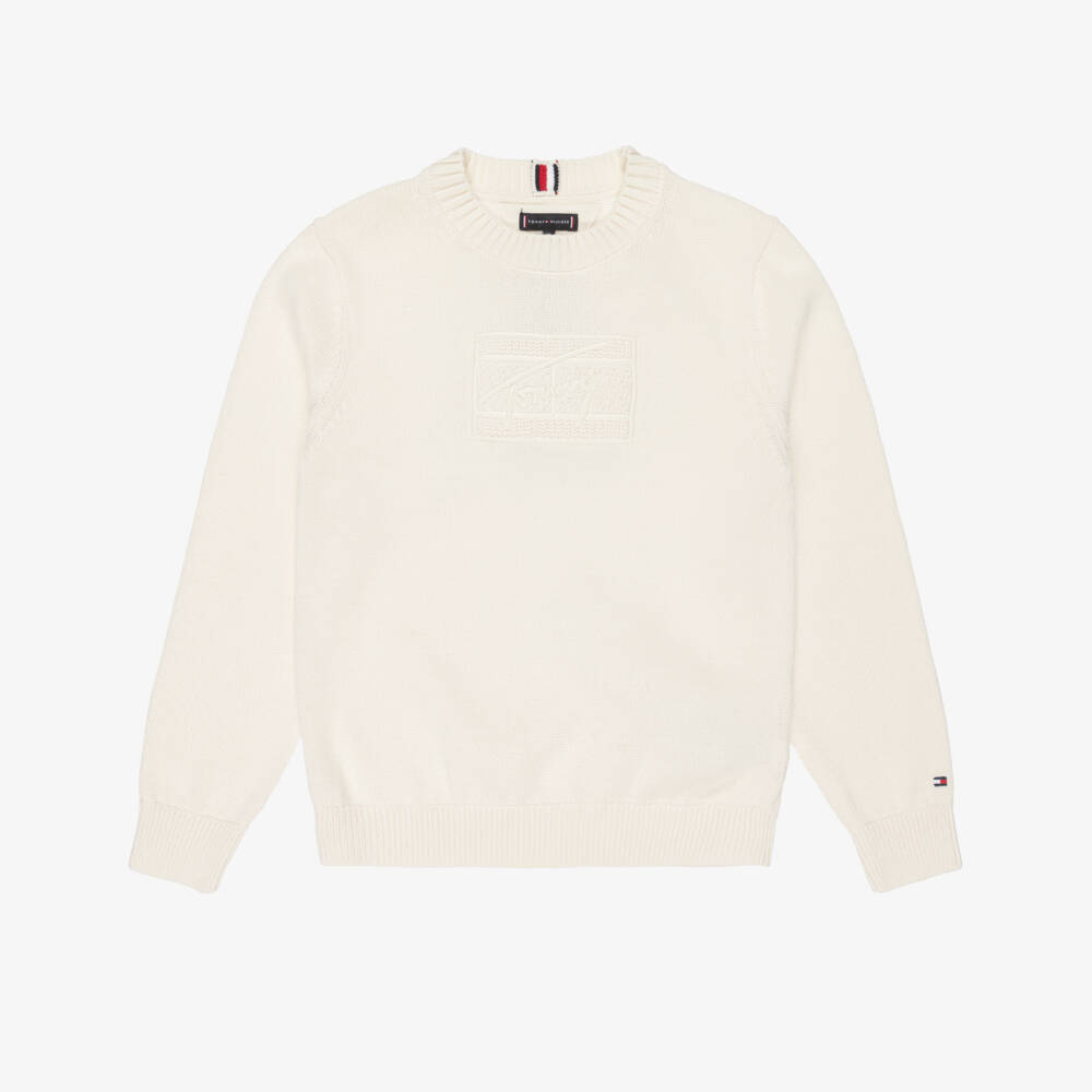 Tommy Hilfiger-Boys Ivory Cotton Knit Logo Jumper | Childrensalon