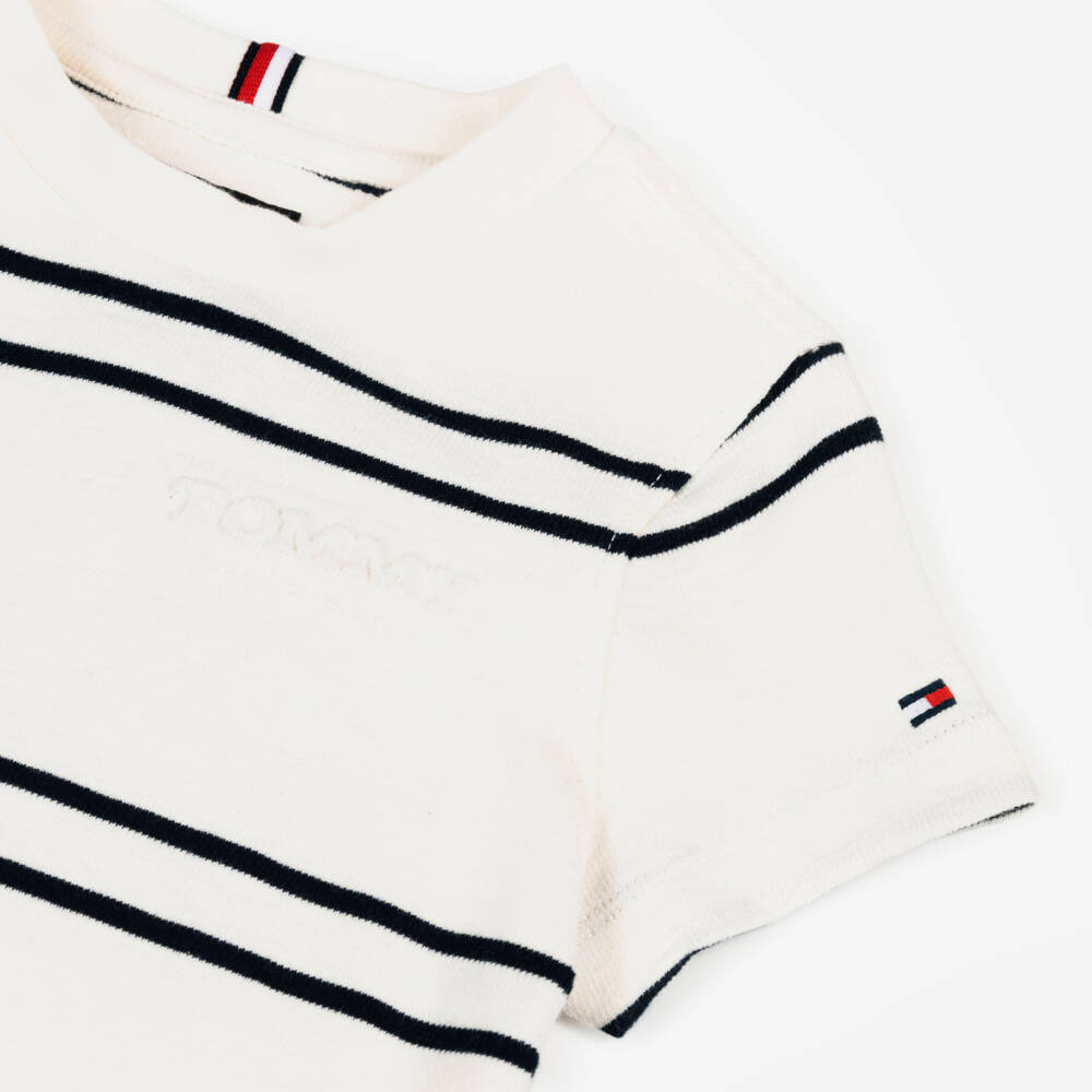 Tommy Hilfiger-Boys Ivory Cotton T-Shirt with Navy Blue Stripes | Childrensalon