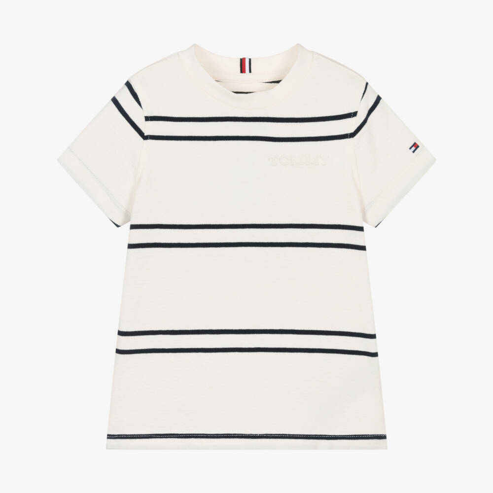 Tommy Hilfiger-Boys Ivory Cotton T-Shirt with Navy Blue Stripes | Childrensalon