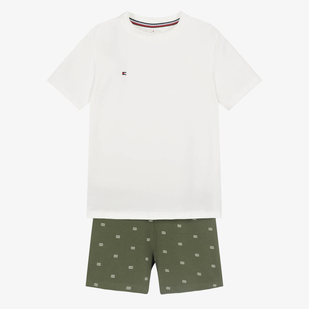 Tommy Hilfiger-Boys Ivory & Green Cotton Jersey Pyjamas | Childrensalon