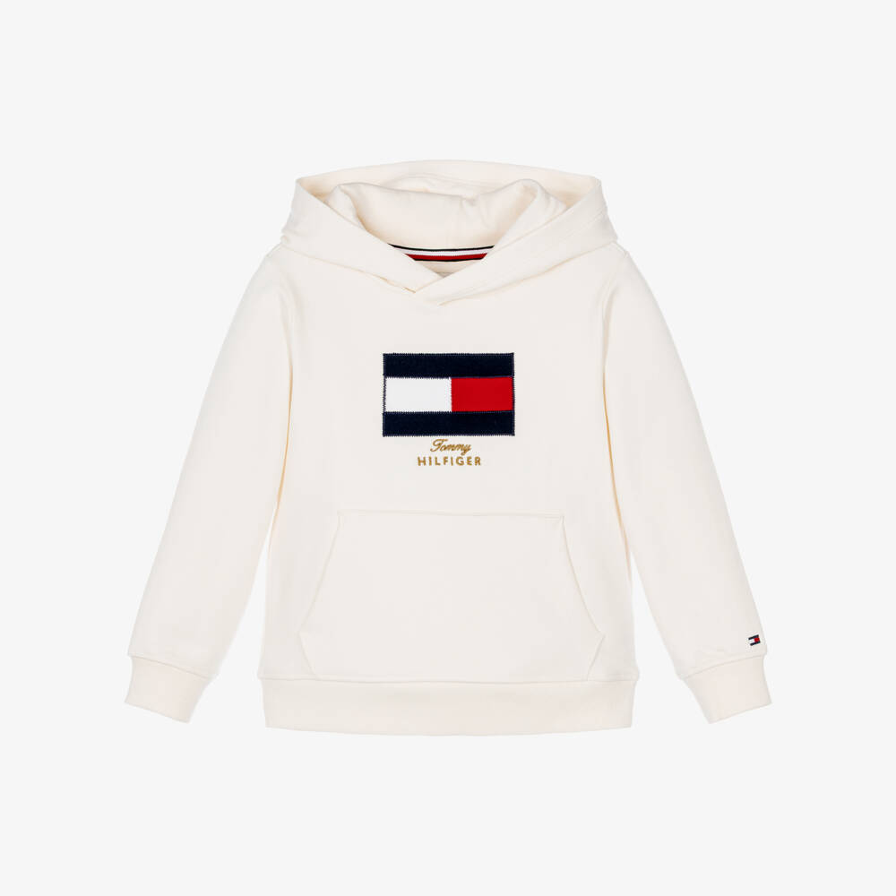 Tommy Hilfiger-Boys Ivory Hoodie with Flag Appliqué | Childrensalon