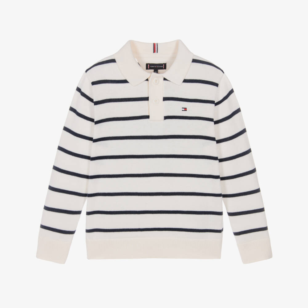 Tommy Hilfiger-Boys Ivory & Navy Blue Striped Cotton Polo Sweater | Childrensalon