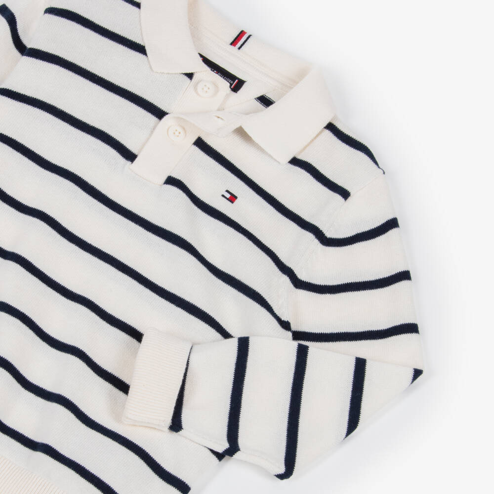 Tommy Hilfiger-Boys Ivory & Navy Blue Striped Cotton Polo Sweater | Childrensalon