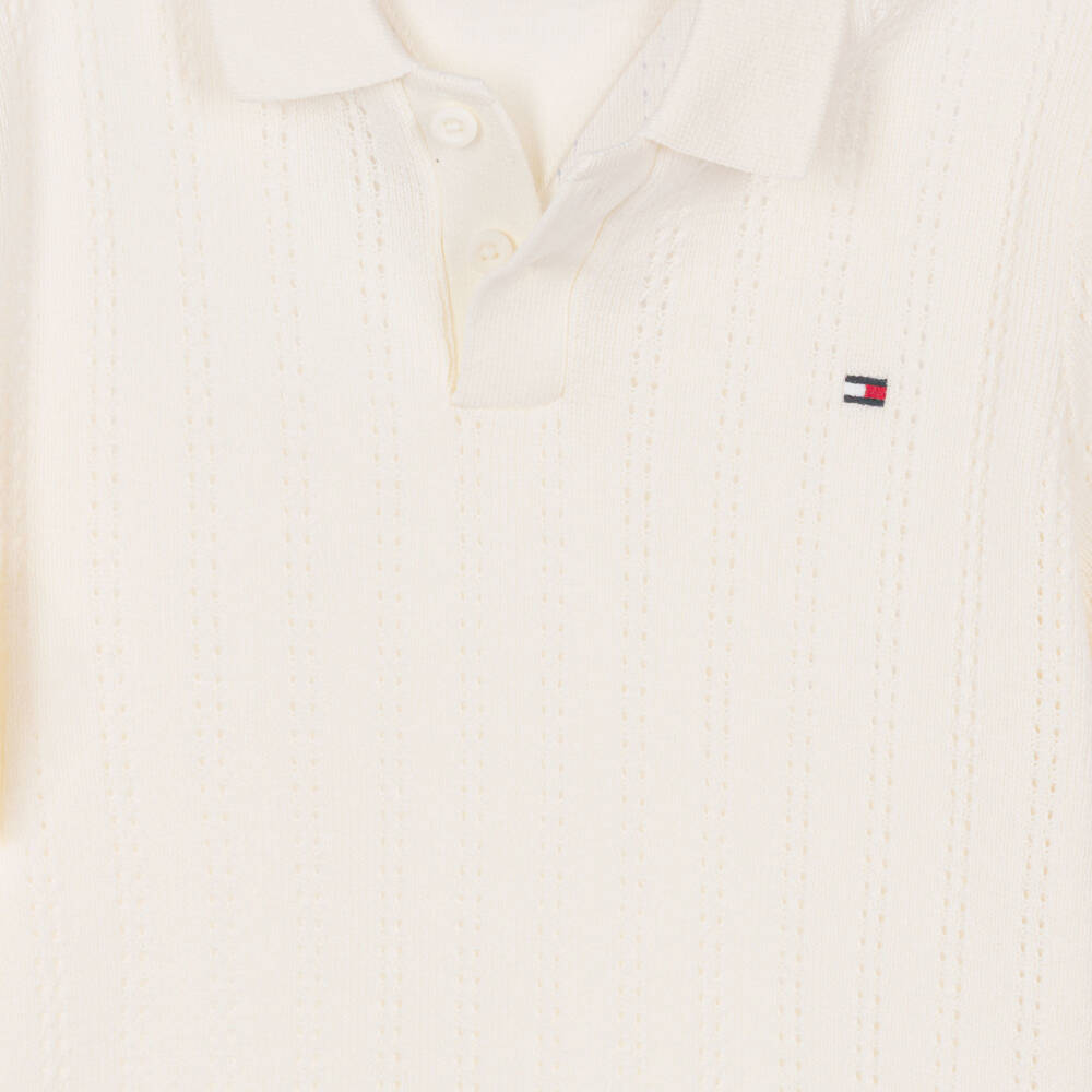 Tommy Hilfiger-Boys Ivory Pointelle Stripe Cotton Knit Polo Shirt | Childrensalon