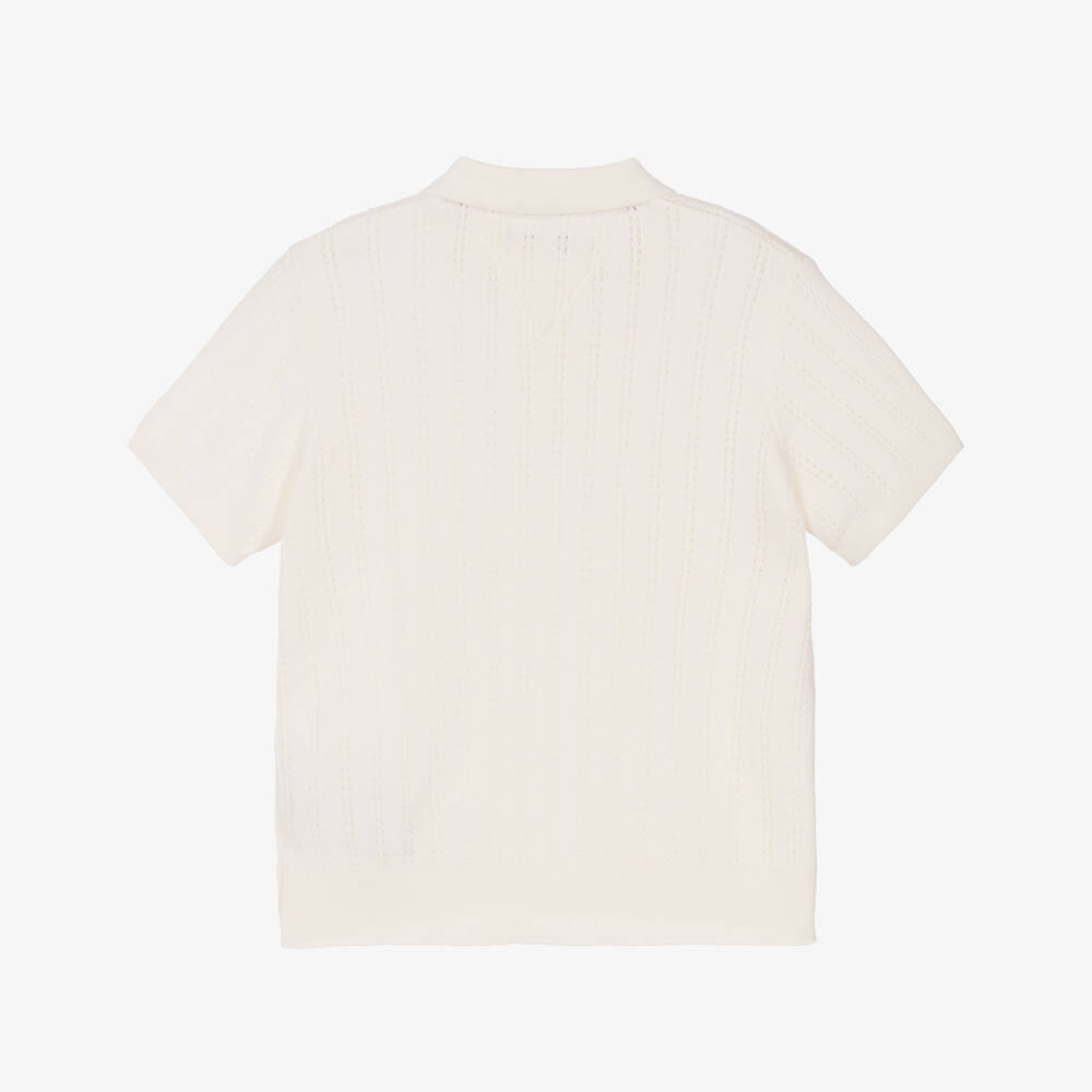 Tommy Hilfiger-Boys Ivory Pointelle Stripe Cotton Knit Polo Shirt | Childrensalon