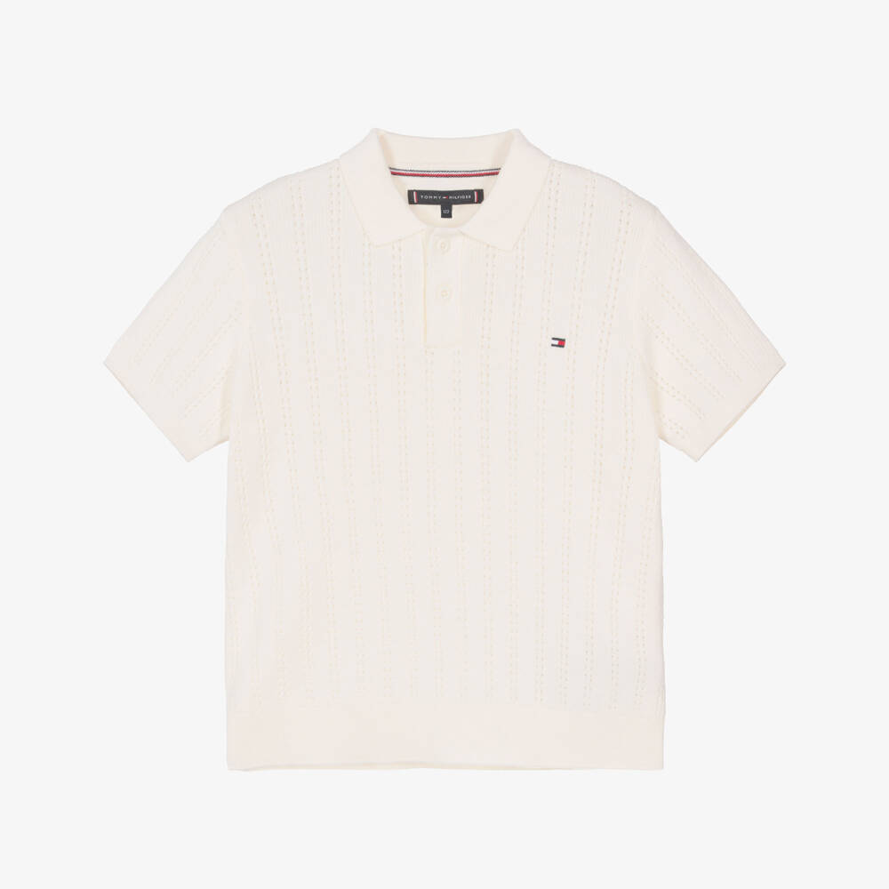Tommy Hilfiger-Boys Ivory Pointelle Stripe Cotton Knit Polo Shirt | Childrensalon