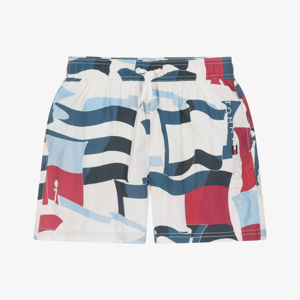 Tommy Hilfiger-Boys Ivory Swim Shorts with Vintage Flag Print | Childrensalon