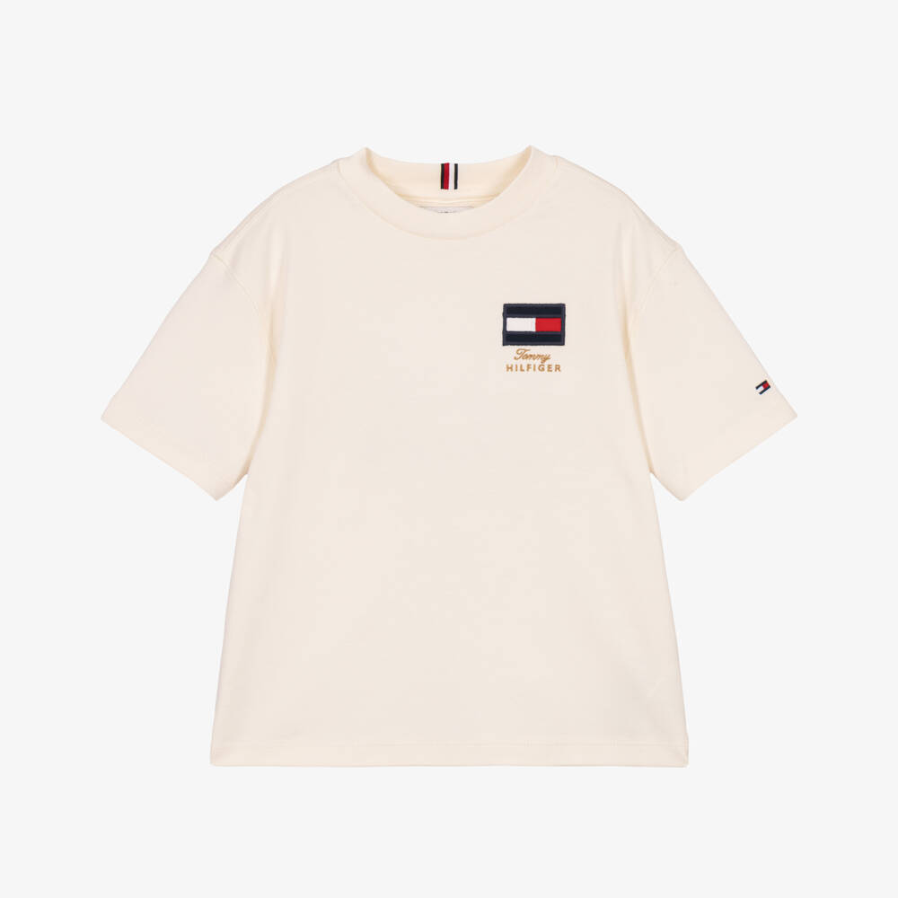 Tommy Hilfiger-Boys Ivory T-Shirt with Patch Logo | Childrensalon