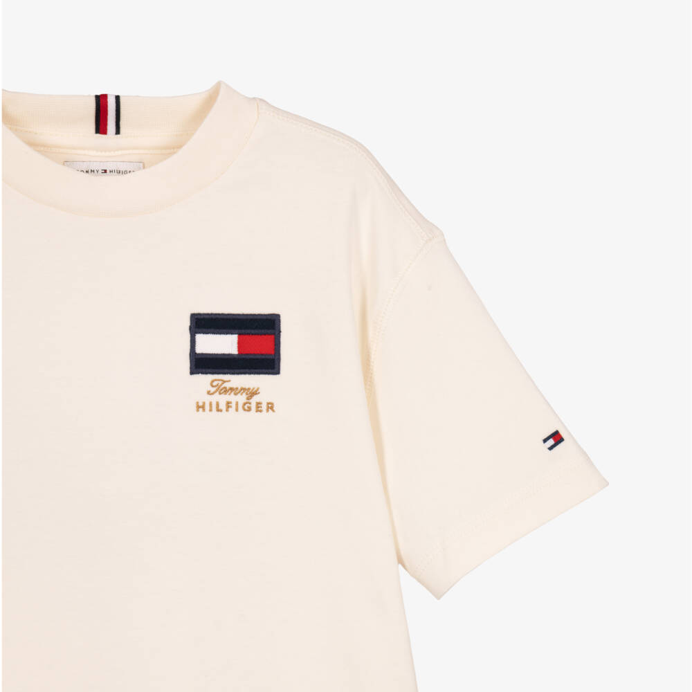 Tommy Hilfiger-Boys Ivory T-Shirt with Patch Logo | Childrensalon