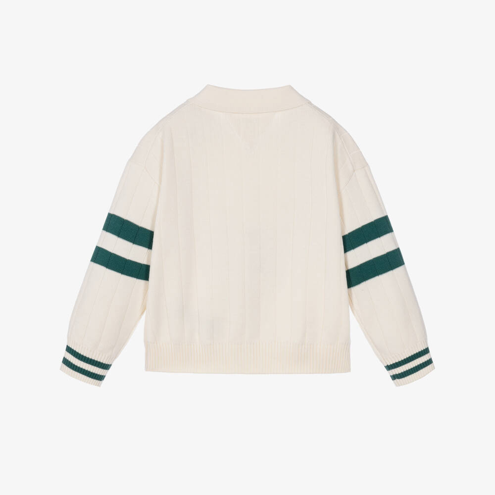 Tommy Hilfiger-Boys Ivory Textured Knit Polo Sweater with Flag Embroidery | Childrensalon